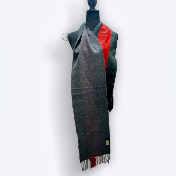 Auth Gucci Wool Cashmere Gray Red Striped Scatf Wrap Stole Muffler Ex+ - Picture 4 of 13